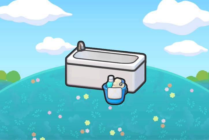 A bathtub and a bucket full of cleaning supplies in Pokémon Pokopia.
