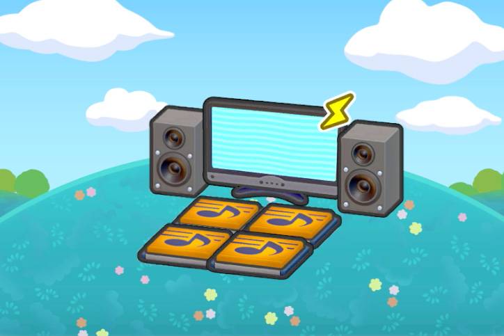 A large flat screen TV and two speakers beside four pads with music notes in Pokémon Pokopia.