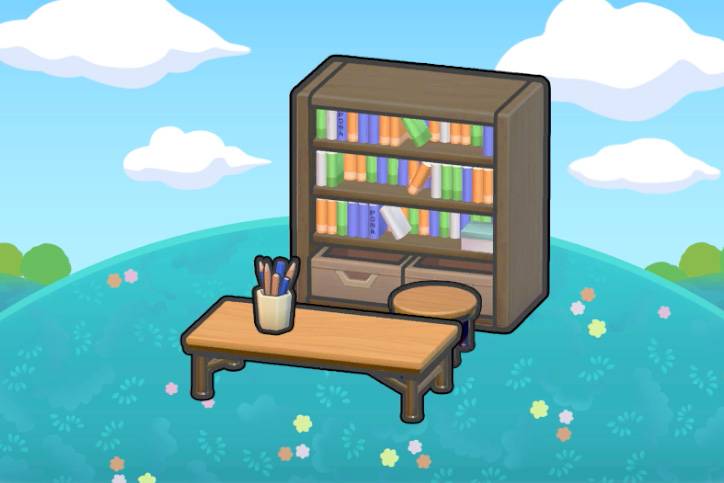 A desk with a cup full of pencils and a wooden stool in front of a wooden bookshelf in Pokémon Pokopia.