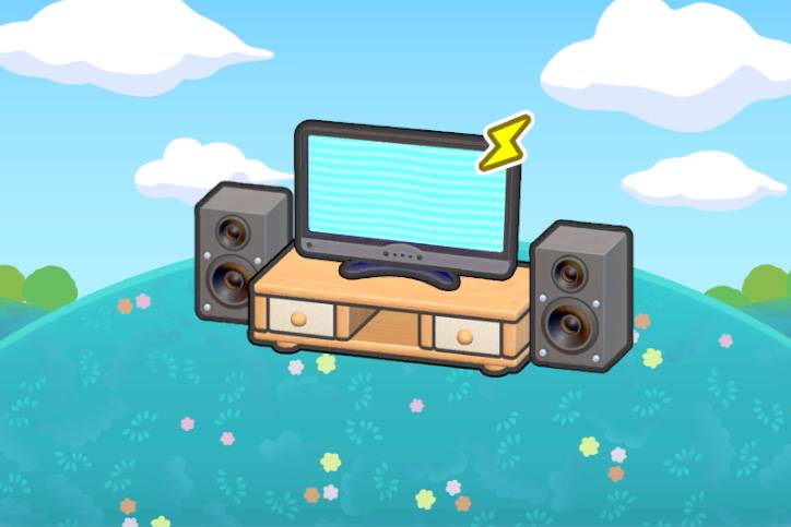 A TV on top of a wooden stand with two speakers in Pokémon Pokopia.