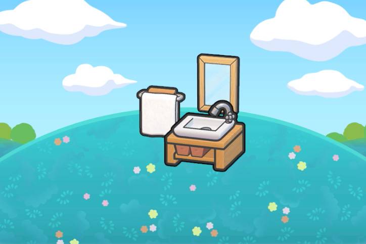 A sink, towel holder, and mirror floating on a grassy hill in Pokémon Pokopia.