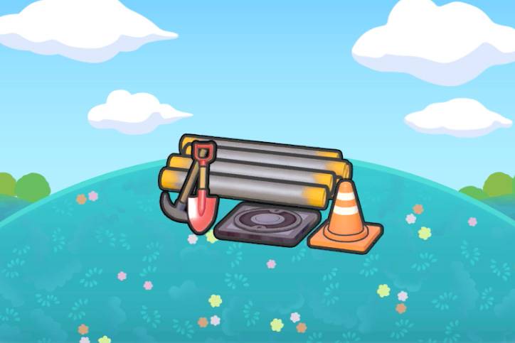 Construction tools like a pickaxe, a shovel, and a traffic cone, in front of a pile of metal bars in Pokémon Pokopia.