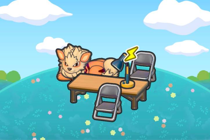 A table with a lamp and two metal chairs along with an Arcanine doll in Pokémon Pokopia.