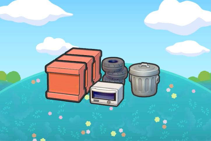 A microwave, stack of tires, garbage can, and an orange I beam bar in Pokémon Pokopia.