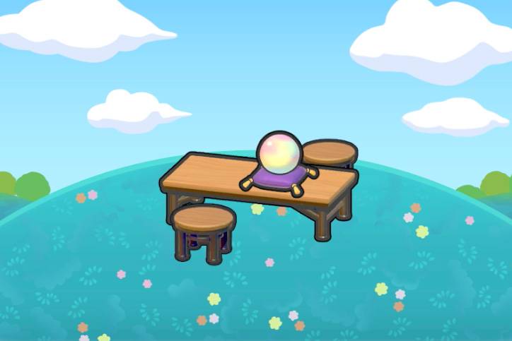 A table with a glass psychic ball on top of a purple pillow and two stools in Pokémon Pokopia.