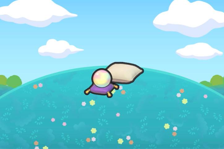 A glass psychic ball on top of a purple pillow in front of a sitting pillow in Pokémon Pokopia.
