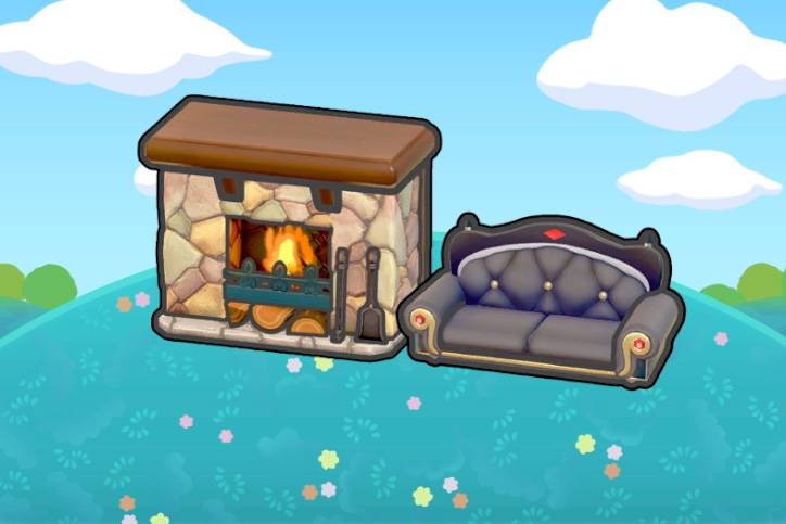 A stone fire place beside a black couch in Pokémon Pokopia.