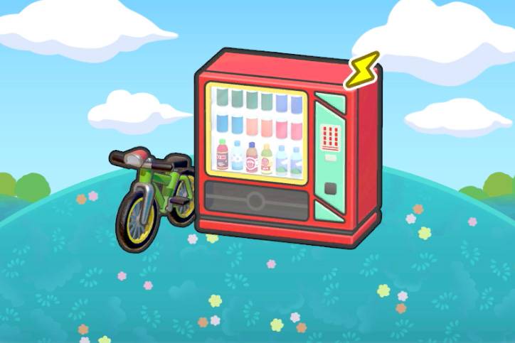A green bicycle next to a red vending machine full of drinks in Pokémon Pokopia.