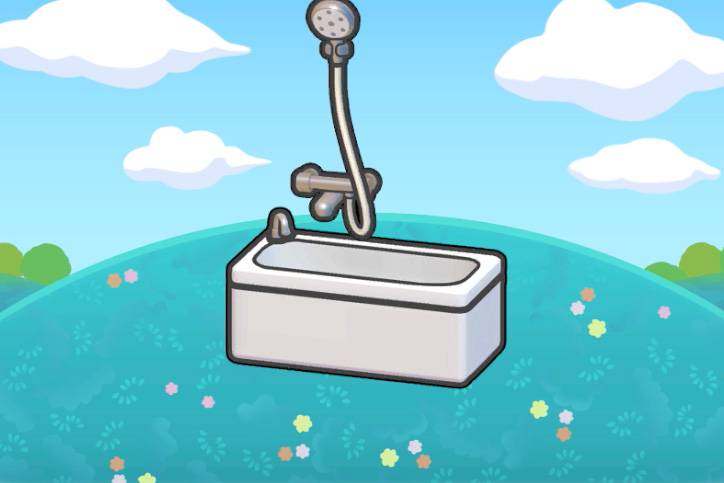 A bathtub with a removable shower head in Pokémon Pokopia.