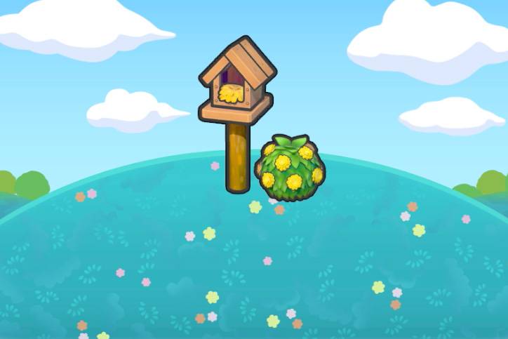 A wooden birdhouse beside a green bush with yellow flowers in Pokémon Pokopia.
