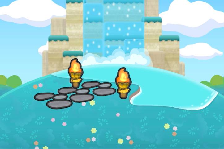 Two tiki torches and a stone pathway in front of a waterfall and lake in Pokémon Pokopia.