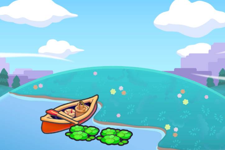 A canoe with a bucket beside two lily pads in a lake in Pokémon Pokopia.