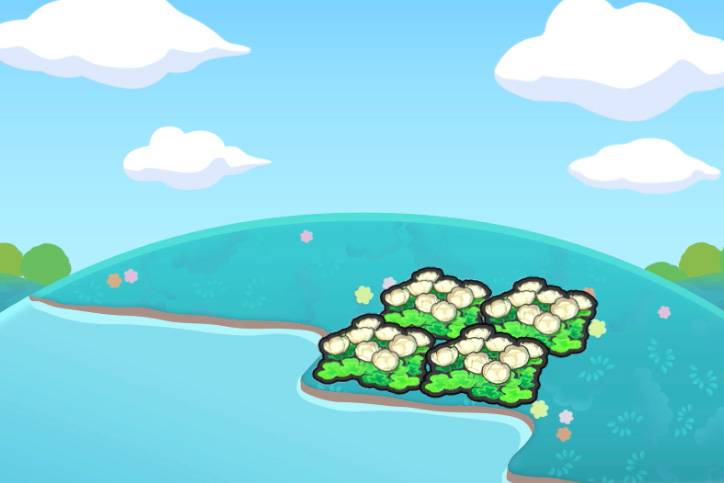 A bed of four white flower patches beside a body of water in Pokémon Pokopia.