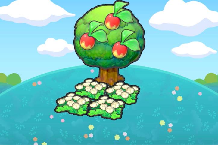 A bed of four white flower patches in front of a fruit tree in Pokémon Pokopia.