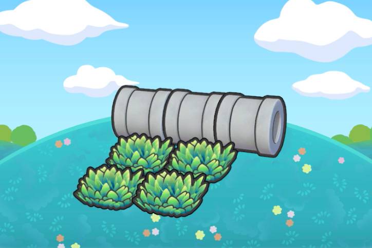 Four grass patches in front of three concrete cylinders in Pokémon Pokopia.