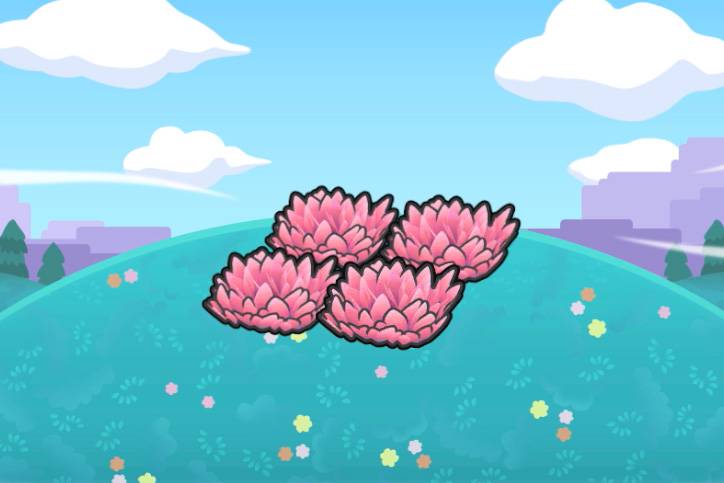 Four pink grass patches on top of a grassy hill with mountains behind it in Pokémon Pokopia.