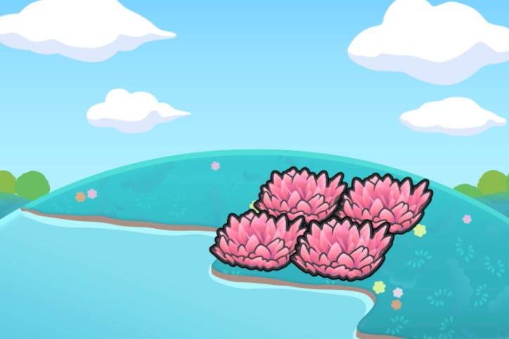 Four patches of pink grass beside a body of water in Pokémon Pokopia.