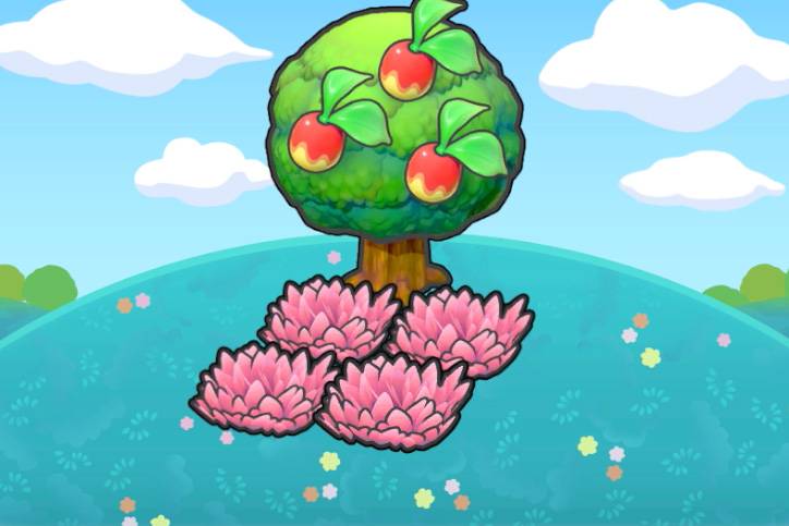 Four pink grass patches in front of a fruit tree on top of a grassy hill in Pokémon Pokopia.