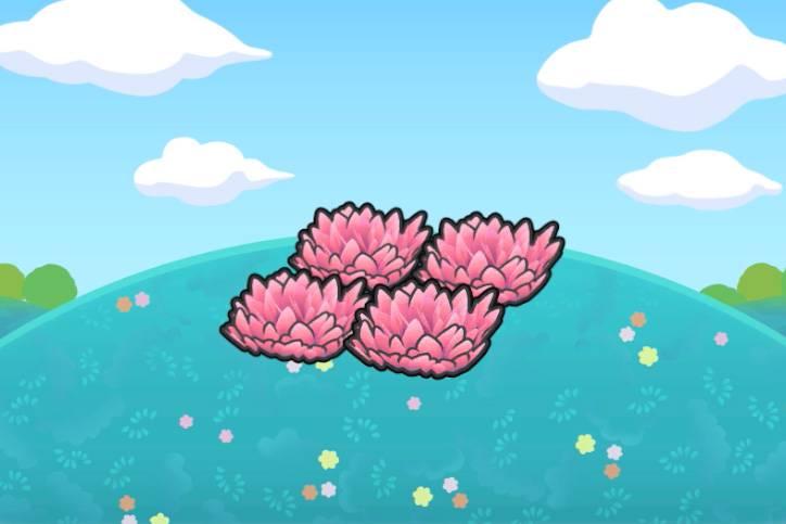 Four pink grass patches on top of a grassy hill in Pokémon Pokopia.