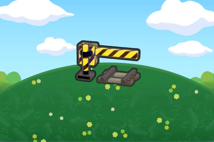 A yellow and black crossing gate over mine tracks in Pokopia.