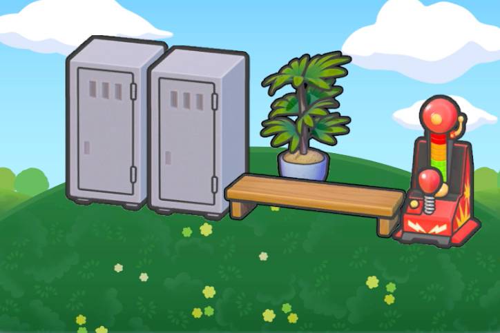 Two lockers near a punching arcade game in Pokopia.