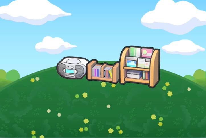 CDs, a magazine rack, and a stereo in Pokopia.