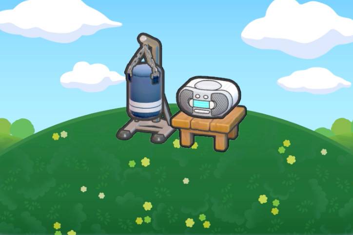 A punching bag and stereo in Pokopia.