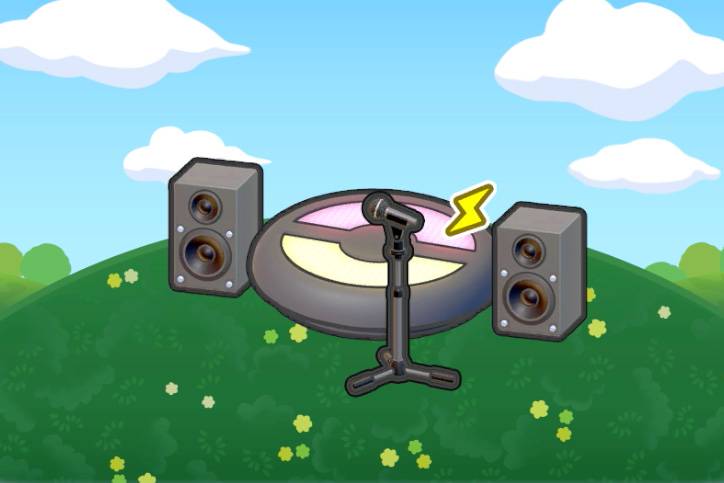 A stage with speakers and a microphone in Pokopia.