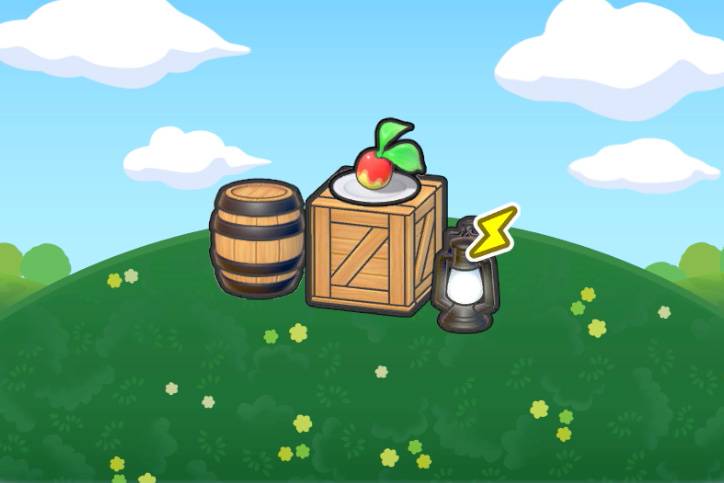 A plated Leppa Berry on a crate near a barrel in Pokopia.