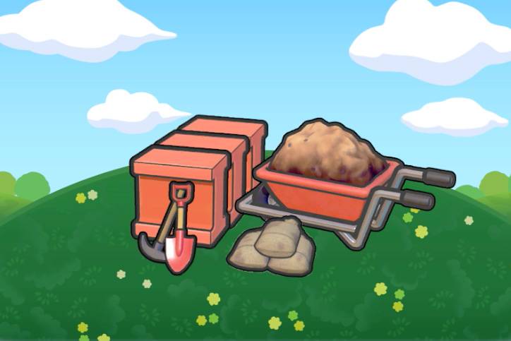 Iron beams, wheelbarrows, and other tools in Pokopia.