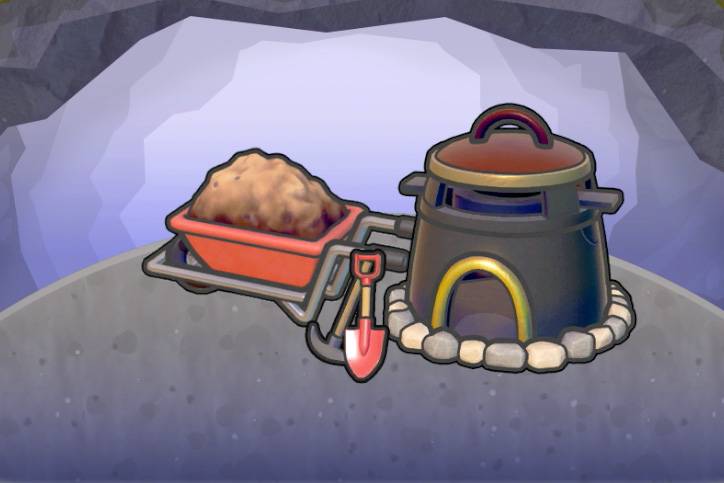 A furnace next to a wheelbarrow and tools in Pokopia.