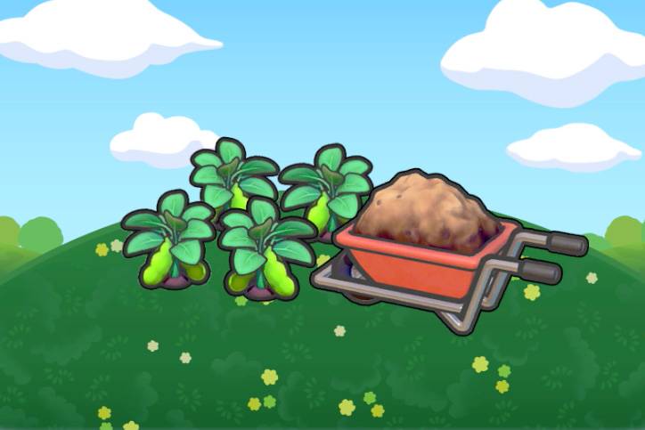 Four bean plants next to a wheelbarrow  in Pokopia.