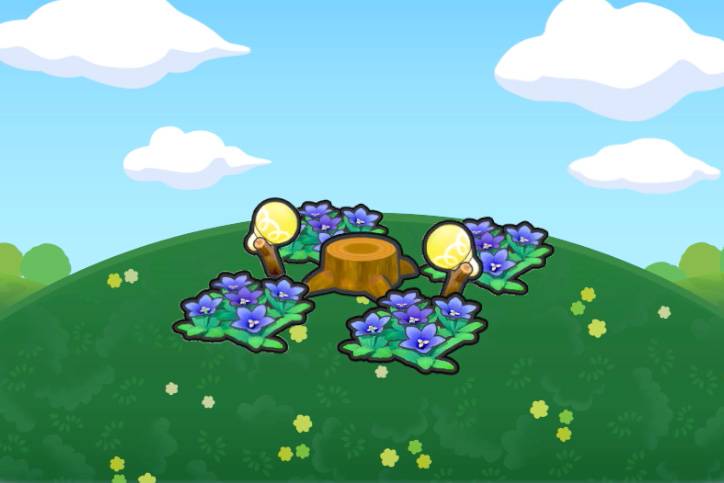 Blue flowers and lights surround a tree stump in Pokopia.