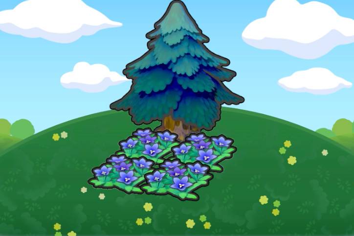 A fir tree over blue flowers in Pokopia.