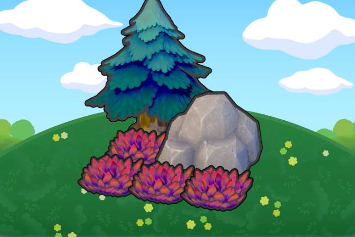 Red grass with a huge rock and fir tree in Pokopia.