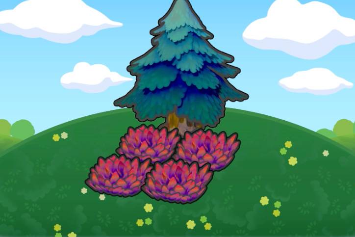 Red grass under a fir tree in Pokopia.