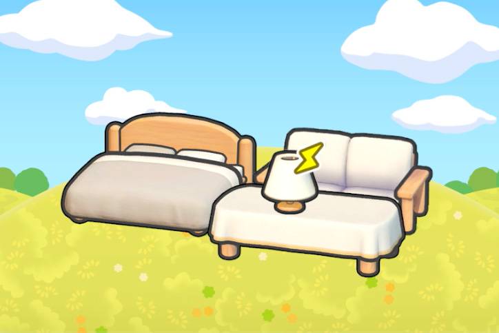 An assortment of plain brown and white furniture in Pokopia.