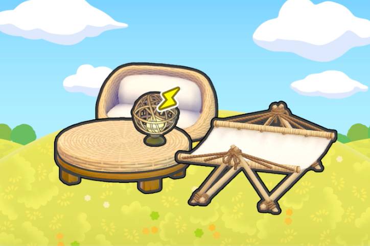 A hammock by some beach hotel furniture in Pokopia.