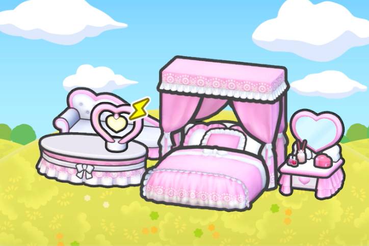 An assortment of pink frilly furniture in Pokopia.