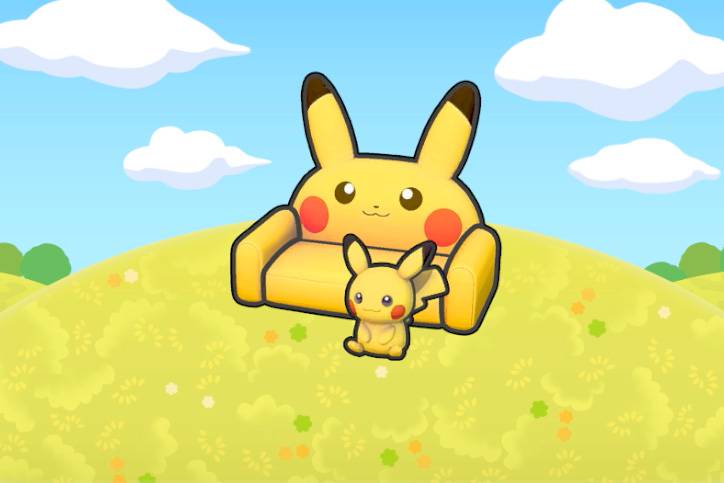 A Pikachu sofa and plush in Pokopia.