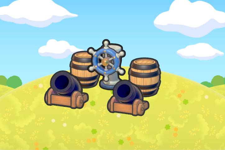 Cannons, a ship steering wheel, and barrels in Pokopia.