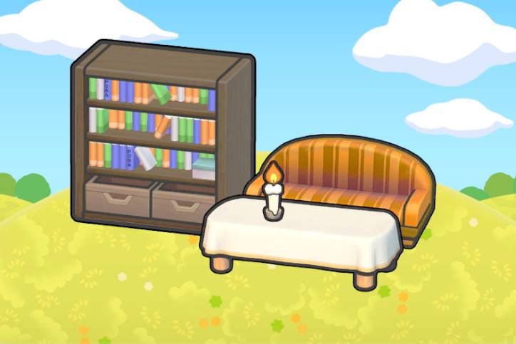 A bookshelf, sofa, and candle-lit table in Pokopia.