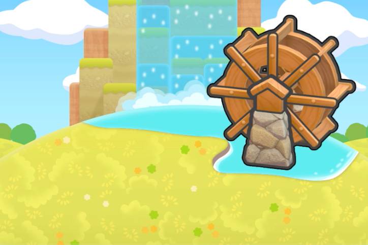 A waterwheel near a waterfall in Pokopia.