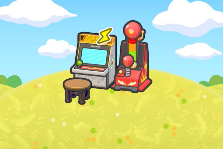 An arcade machine and punching arcade game in Pokopia.