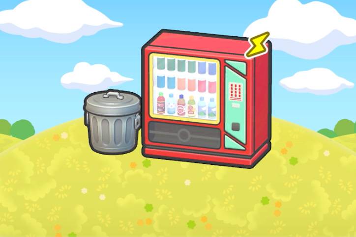 A vending machine next to a trash can in Pokopia.