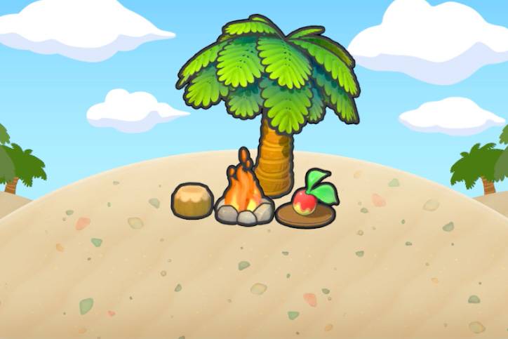 A campfire and plated Leppa Berry under a palm tree in Pokopia.