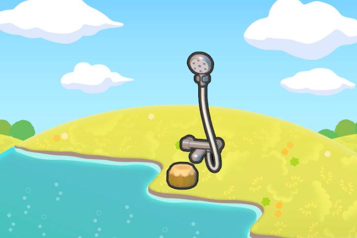 A shower head near a stool and water in Pokopia.