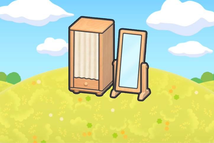 A dressing room closet and mirror in Pokopia.