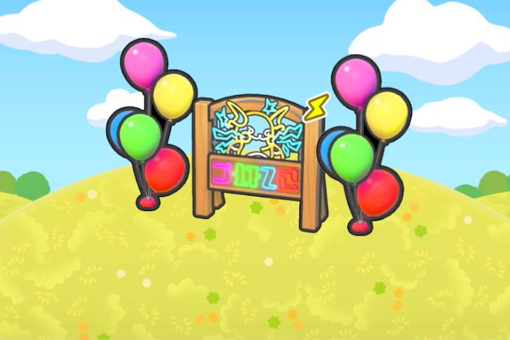 A neon Raichu sign between balloons in Pokopia.