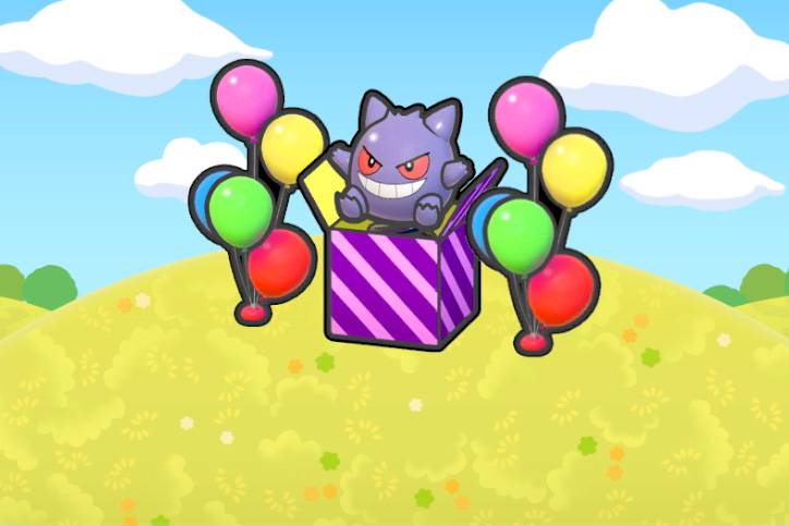 A Gengar popping out of a box between balloons in Pokopia.